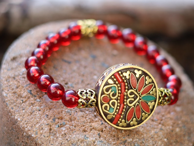One of a kind Mexico red blood Amber beads Certified 8mm combined with Nepal Handmade Buddha Brass With Synthetic Coral And Turkey Stone