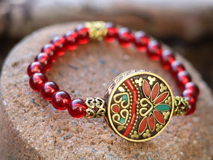 One of a kind Mexico red blood Amber beads Certified 8mm combined with Nepal Handmade Buddha Brass With Synthetic Coral And Turkey Stone