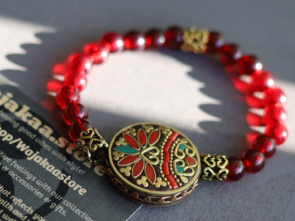 One of a kind Mexico red blood Amber beads Certified 8mm combined with Nepal Handmade Buddha Brass With Synthetic Coral And Turkey Stone