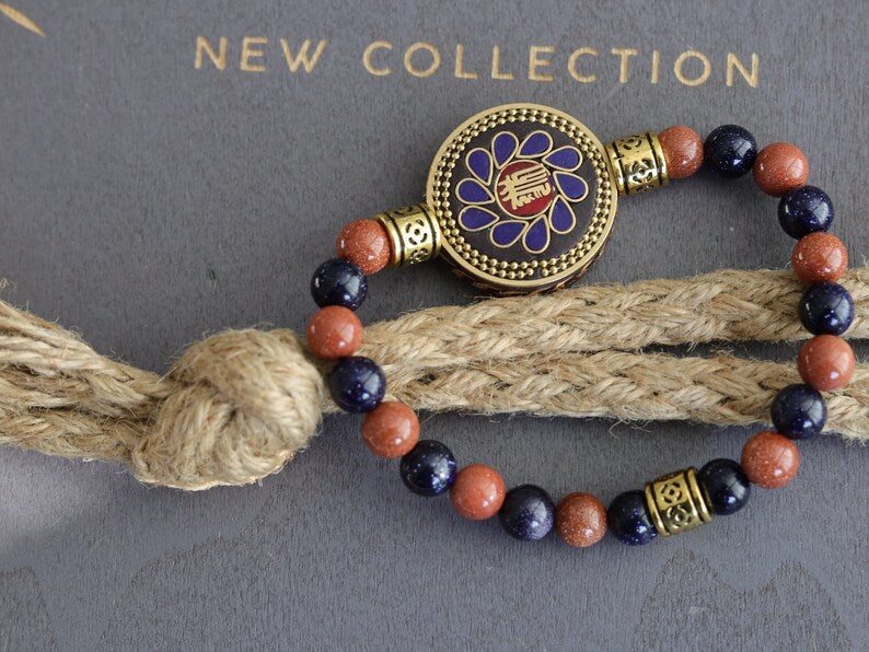 Sparkly bracelet Goldstone beads with Handmade Nepalese Buddhist Tibetan Brass Metal & Clay Loose Craft Bead. Your satisfaction, our pursuit
