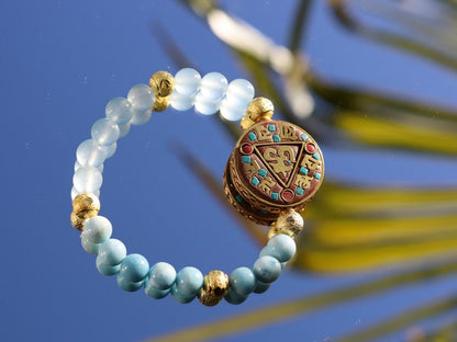 unique Larimar bracelet combined with Brazilian Aquamarine beads. And with handmade Indonesia Beads, with Brass Findings