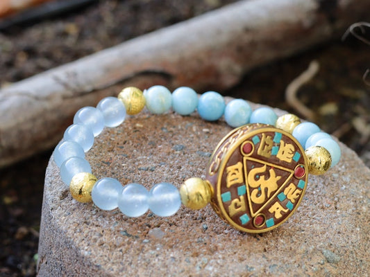 unique Larimar bracelet combined with Brazilian Aquamarine beads. And with handmade Indonesia Beads, with Brass Findings