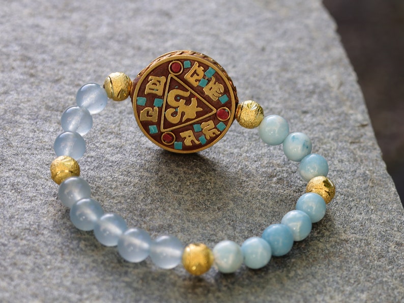 unique Larimar bracelet combined with Brazilian Aquamarine beads. And with handmade Indonesia Beads, with Brass Findings