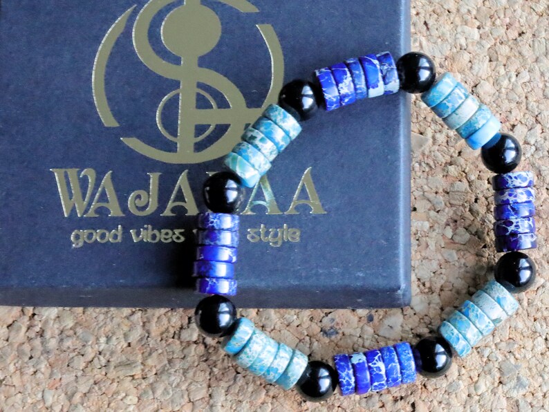 Heishi Gemstone Beads, Sea Sediment Jasper with Obsidian Beads Aquamarine Light Blue and Lapis Blue. Combined with Obsidian round beads.
