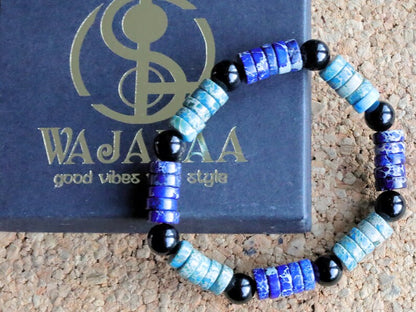 Heishi Gemstone Beads, Sea Sediment Jasper with Obsidian Beads Aquamarine Light Blue and Lapis Blue. Combined with Obsidian round beads.
