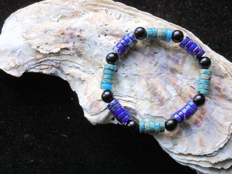 Heishi Gemstone Beads, Sea Sediment Jasper with Obsidian Beads Aquamarine Light Blue and Lapis Blue. Combined with Obsidian round beads.