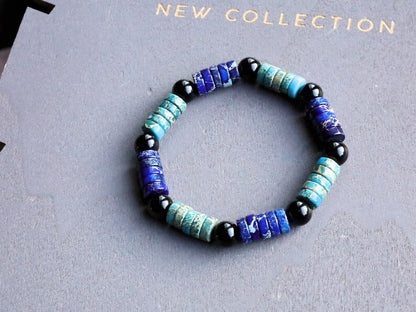 Heishi Gemstone Beads, Sea Sediment Jasper with Obsidian Beads Aquamarine Light Blue and Lapis Blue. Combined with Obsidian round beads.