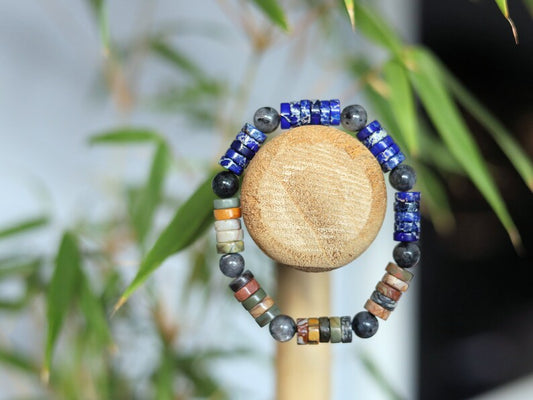 Heishi Gemstone Beads, Picasso Jasper Gemstone and Sea Sediment Jasper Lapis Blue. Combined with Natural Labradorite  round beads.