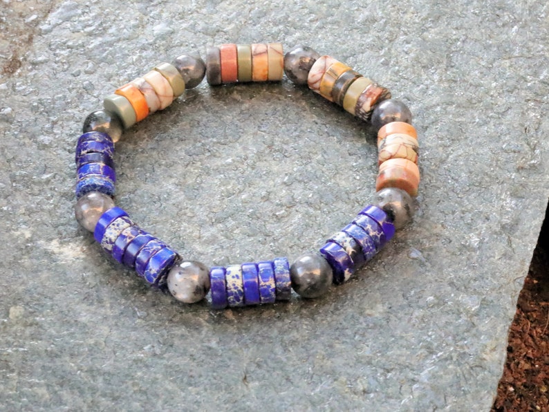 Heishi Gemstone Beads, Picasso Jasper Gemstone and Sea Sediment Jasper Lapis Blue. Combined with Natural Labradorite  round beads.