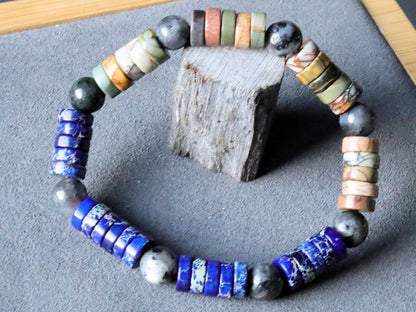 Heishi Gemstone Beads, Picasso Jasper Gemstone and Sea Sediment Jasper Lapis Blue. Combined with Natural Labradorite  round beads.