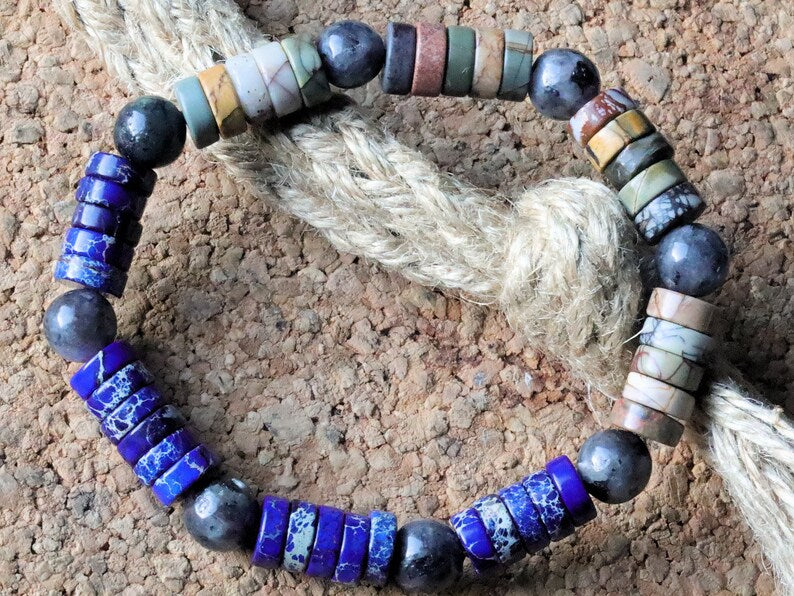 Heishi Gemstone Beads, Picasso Jasper Gemstone and Sea Sediment Jasper Lapis Blue. Combined with Natural Labradorite  round beads.