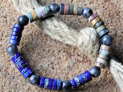 Heishi Gemstone Beads, Picasso Jasper Gemstone and Sea Sediment Jasper Lapis Blue. Combined with Natural Labradorite  round beads.