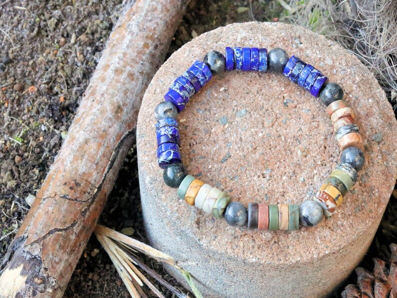 Heishi Gemstone Beads, Picasso Jasper Gemstone and Sea Sediment Jasper Lapis Blue. Combined with Natural Labradorite  round beads.