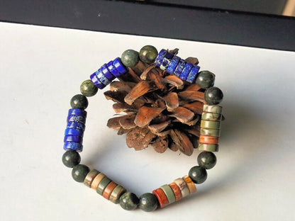 Heishi Gemstone Beads, Picasso Jasper Gemstone and Sea Sediment Jasper Lapis Blue. Combined with Natural Larvikite round beads.
