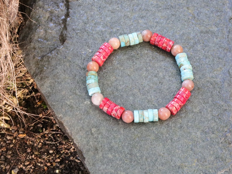 Heishi Gemstone Beads, Sea Sediment Jasper Red and turquoise blue . Combined with Cherry Blossom Jasper Beads round beads. Wajakaa
