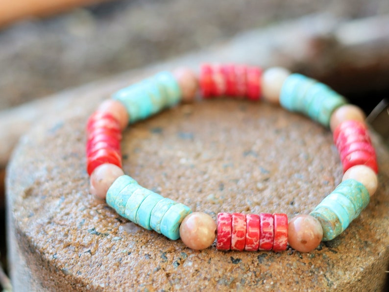 Heishi Gemstone Beads, Sea Sediment Jasper Red and turquoise blue . Combined with Cherry Blossom Jasper Beads round beads. Wajakaa