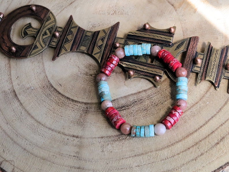 Heishi Gemstone Beads, Sea Sediment Jasper Red and turquoise blue . Combined with Cherry Blossom Jasper Beads round beads. Wajakaa