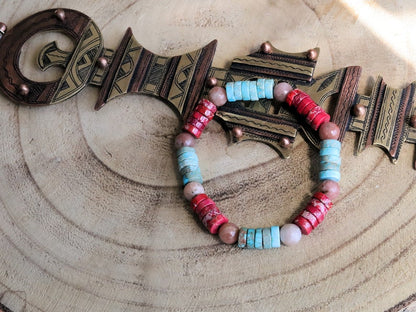 Heishi Gemstone Beads, Sea Sediment Jasper Red and turquoise blue . Combined with Cherry Blossom Jasper Beads round beads. Wajakaa