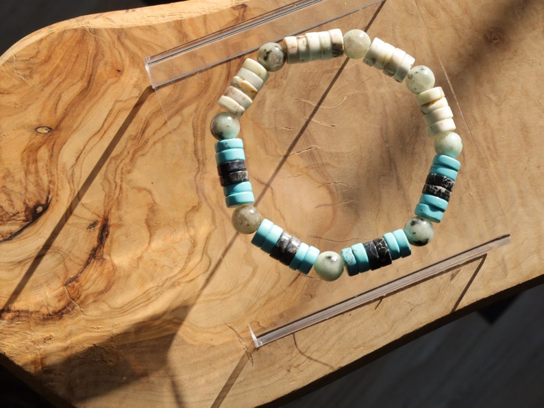 Heishi Gemstone Beads, Sea Sediment Jasper turquoise blue/ White White Turquoise. Tibetan Magical Natural Stripe Raja Kayu Bead King  Wood