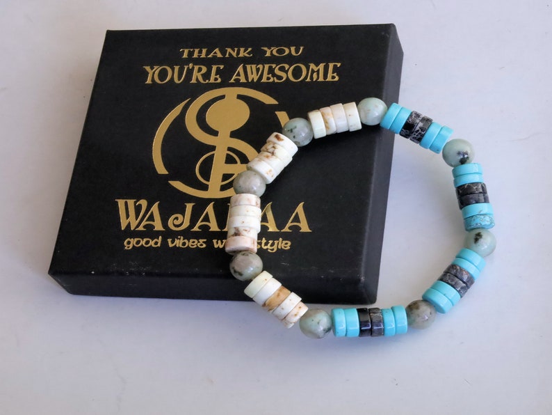 Heishi Gemstone Beads, Sea Sediment Jasper turquoise blue/ White White Turquoise. Tibetan Magical Natural Stripe Raja Kayu Bead King  Wood