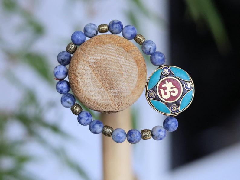 Irresistible Blue Spot Jasper bracelet with Handmade Nepalese Buddhist Tibetan Brass Metal & Clay Loose Craft Bead.