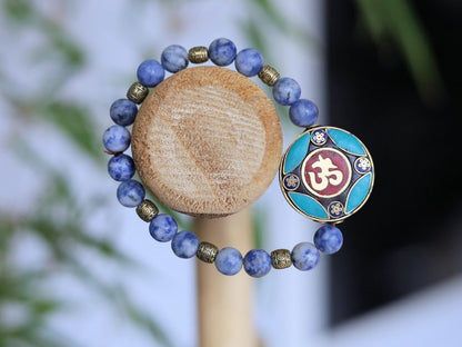 Irresistible Blue Spot Jasper bracelet with Handmade Nepalese Buddhist Tibetan Brass Metal & Clay Loose Craft Bead.