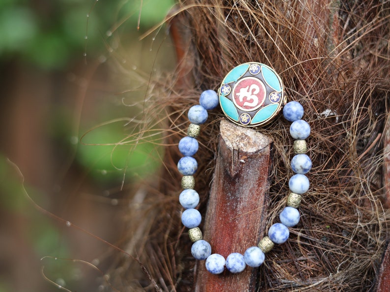 Irresistible Blue Spot Jasper bracelet with Handmade Nepalese Buddhist Tibetan Brass Metal & Clay Loose Craft Bead.