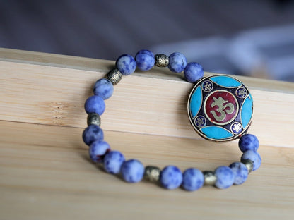 Irresistible Blue Spot Jasper bracelet with Handmade Nepalese Buddhist Tibetan Brass Metal & Clay Loose Craft Bead.