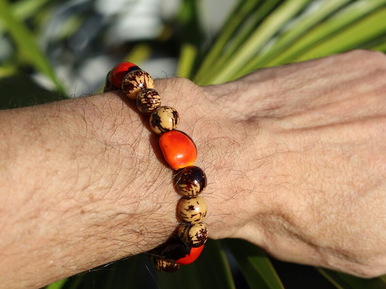 Unique Huayruro grande bracelet with Acai rajado beads. Beautiful seeds, but also because they are a good luck symbol.