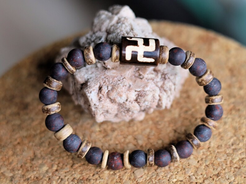Rare Natural frosted Brecciated Jasper bracelet with Swastika Rare Treasure Tibetan Dzi.