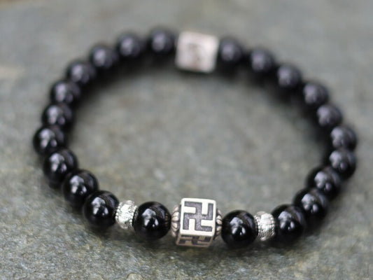 Unique Sterling 925 Silver - Rare Natural  Black Agate bracelet with Swastika 925 Silver bead. Harivamsha Puranaand