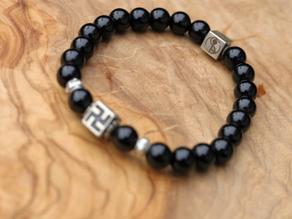 Unique Sterling 925 Silver - Rare Natural  Black Agate bracelet with Swastika 925 Silver bead. Harivamsha Puranaand