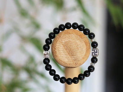 Unique Sterling 925 Silver - Rare Natural  Black Agate bracelet with Swastika 925 Silver bead. Harivamsha Puranaand