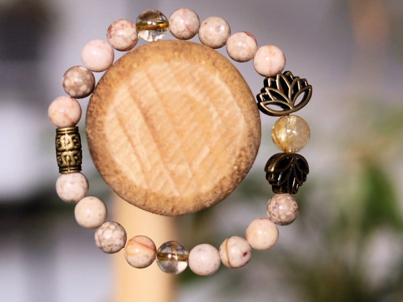 Natural Maifanite/Maifan Stone Beads bracelet, Round, 8mm. Combined with Rutilated Quartz and Metal beads lotus.