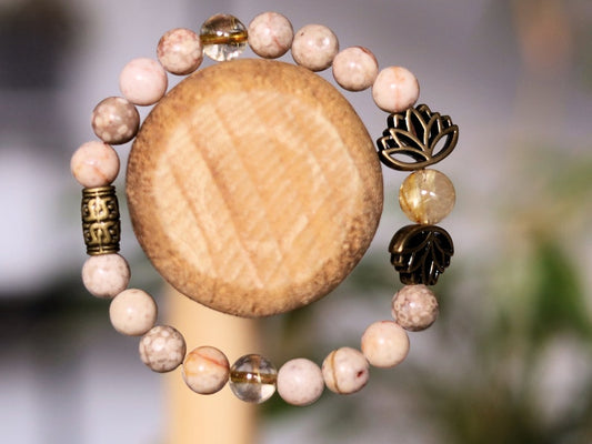 Natural Maifanite/Maifan Stone Beads bracelet, Round, 8mm. Combined with Rutilated Quartz and Metal beads lotus.