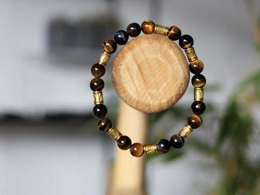 Mixed colored Tiger Eyes Beaded Bracelet . Multi Colors Mixed Natural Tiger eye Bracelets.  Antique Bronze Tone Spacer Beads Round Tubes