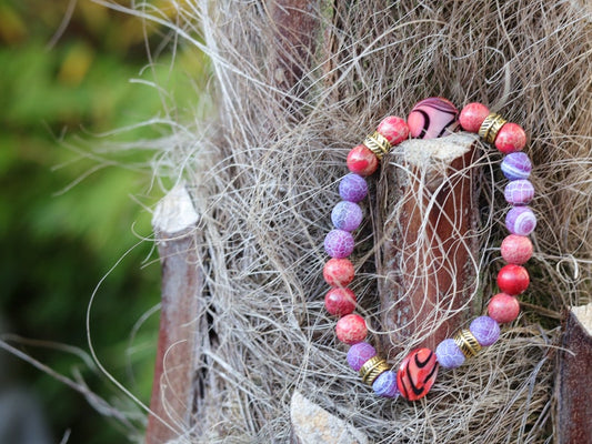 TRi mixed bracelets Purple and Red Agate Stone and Sea Sediment Jasper. With  Coin shaped Mother of Pearl Shell beads