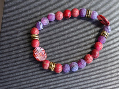 TRi mixed bracelets Purple and Red Agate Stone and Sea Sediment Jasper. With  Coin shaped Mother of Pearl Shell beads
