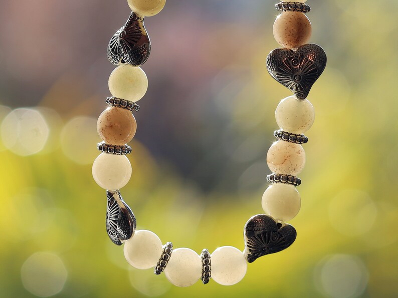 Attracting combination bracelet with green Myanmar Jade/Burmese Jade and  beautiful Tibetan Style Carved Hearts.