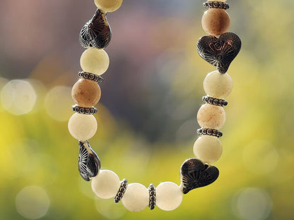 Attracting combination bracelet with green Myanmar Jade/Burmese Jade and  beautiful Tibetan Style Carved Hearts.