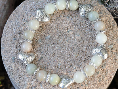 Attracting combination bracelet with green Myanmar Jade/Burmese Jade and  beautiful Tibetan Style Carved Hearts.