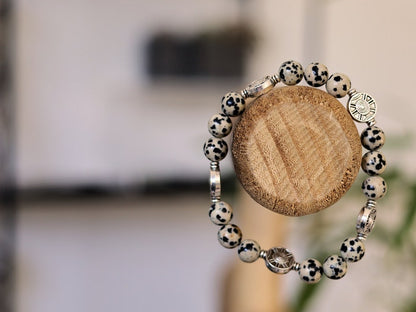 Dalmatian Jasper Bead bracelets with Antique Silver Tone Spacer Beads Round. Pattern resembling the coat of a Dalmatian dog.