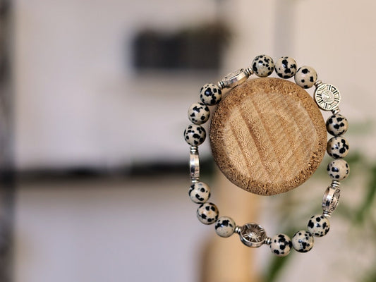 Dalmatian Jasper Bead bracelets with Antique Silver Tone Spacer Beads Round. Pattern resembling the coat of a Dalmatian dog.