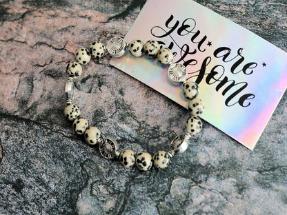Dalmatian Jasper Bead bracelets with Antique Silver Tone Spacer Beads Round. Pattern resembling the coat of a Dalmatian dog.