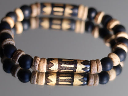 Lightweight Natural Stone Frosted Matte Black Agates bracelets with fantasy Cow bone and coconut discs.