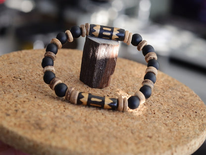 Lightweight Natural Stone Frosted Matte Black Agates bracelets with fantasy Cow bone and coconut discs.