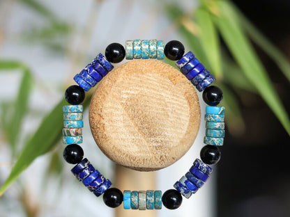 Heishi Gemstone Beads, Sea Sediment Jasper with Obsidian Beads Aquamarine Light Blue and Lapis Blue. Combined with Obsidian round beads.