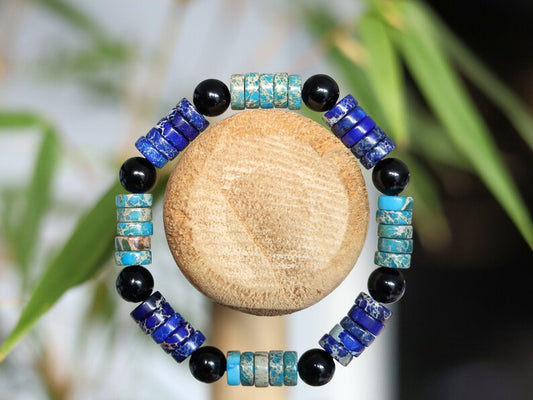 Heishi Gemstone Beads, Sea Sediment Jasper with Obsidian Beads Aquamarine Light Blue and Lapis Blue. Combined with Obsidian round beads.