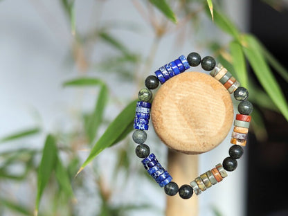 Heishi Gemstone Beads, Picasso Jasper Gemstone and Sea Sediment Jasper Lapis Blue. Combined with Natural Larvikite round beads.
