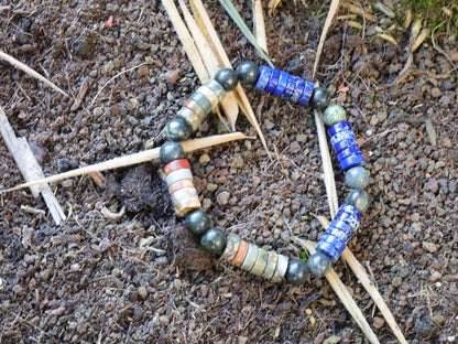 Heishi Gemstone Beads, Picasso Jasper Gemstone and Sea Sediment Jasper Lapis Blue. Combined with Natural Larvikite round beads.
